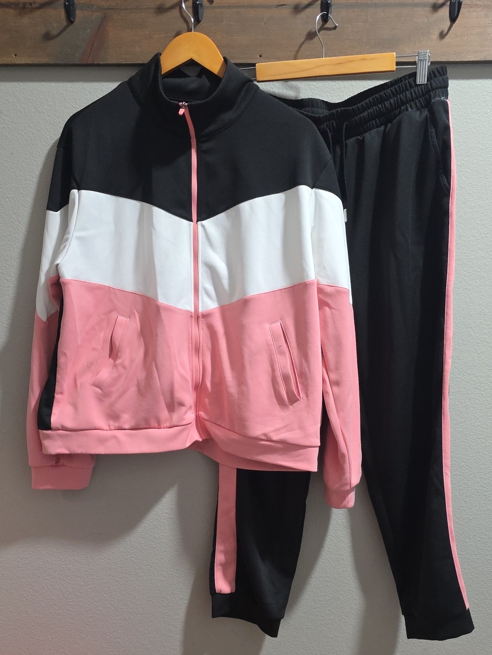 Colorblock Pink, Black & White Women's Track Jacket & Pants-XXL